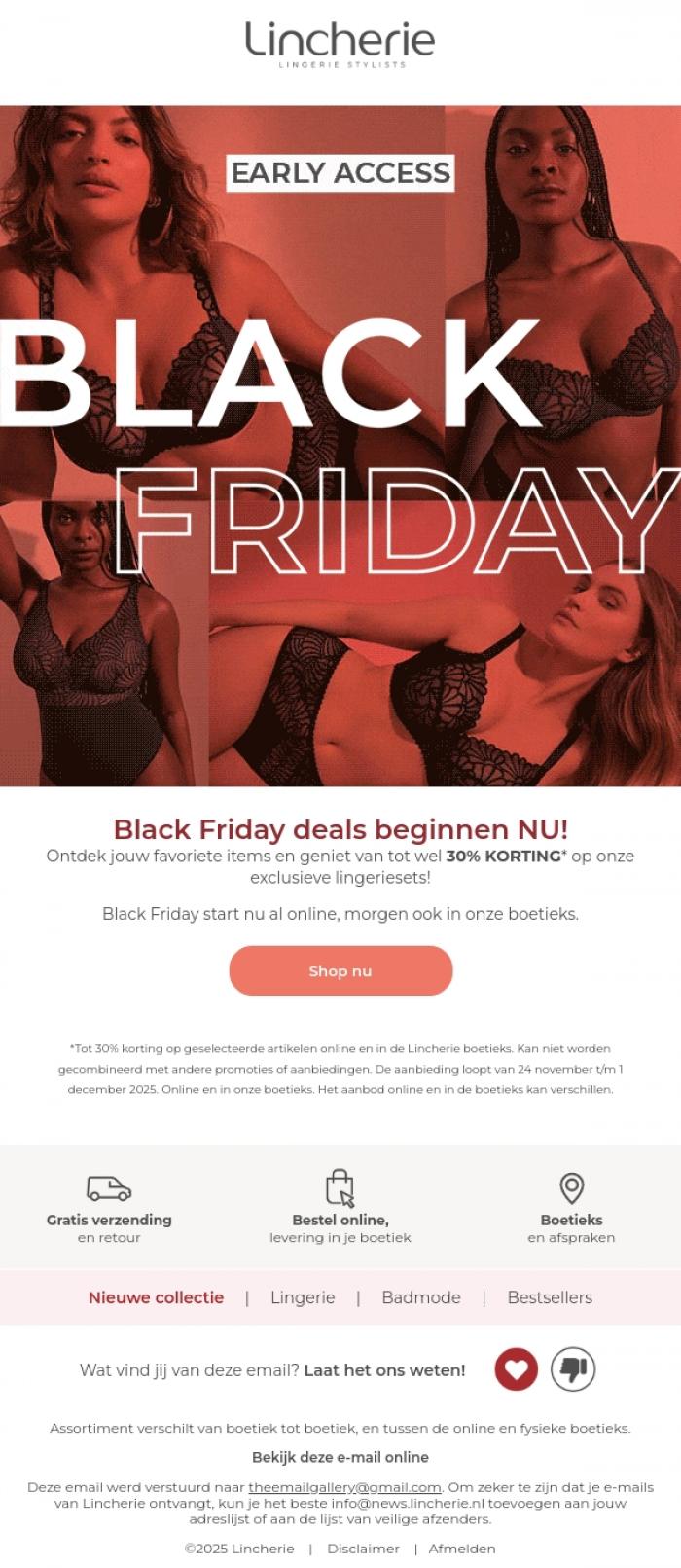 Email Design Inspiration from Lincherie, Exclusieve early access! Black Friday Deals zijn live