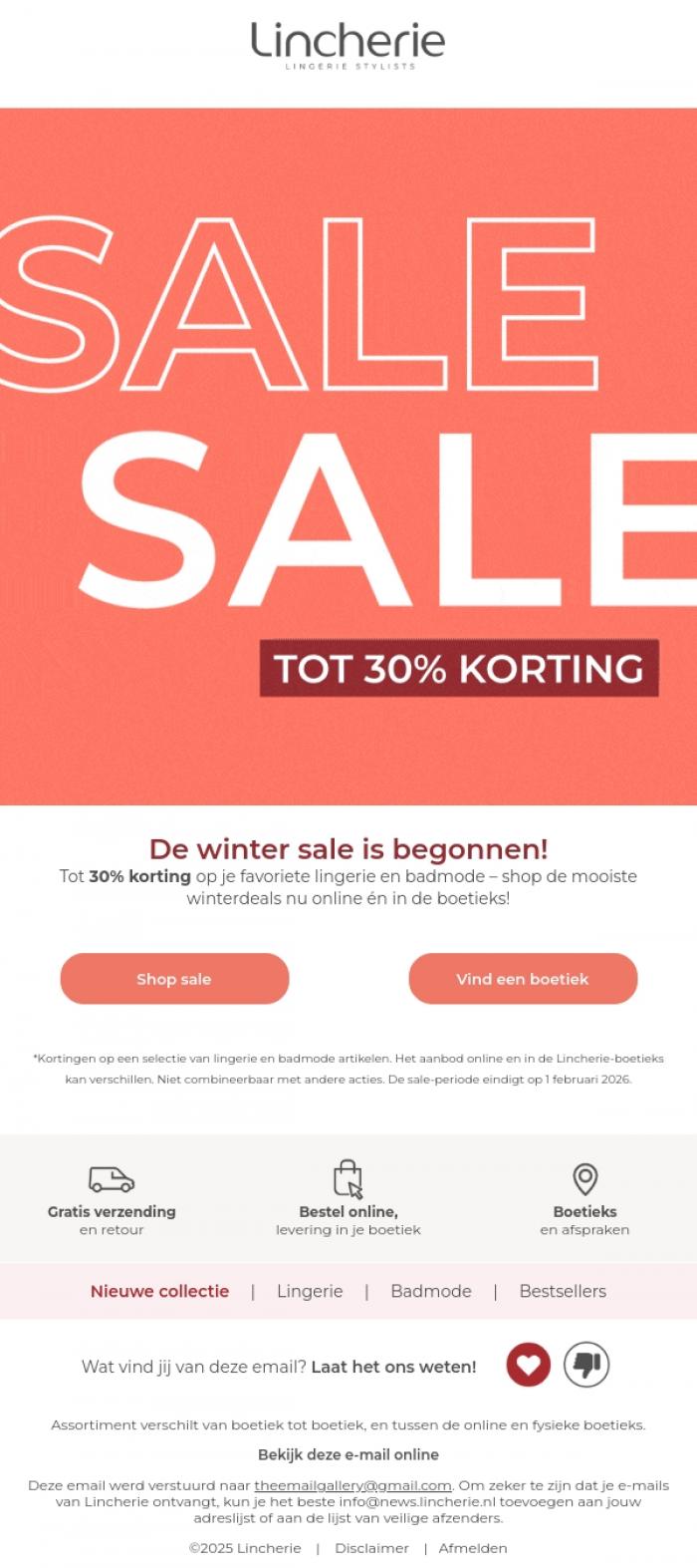 Email Design Inspiration from Lincherie, Shop je winter essentials met 30% korting