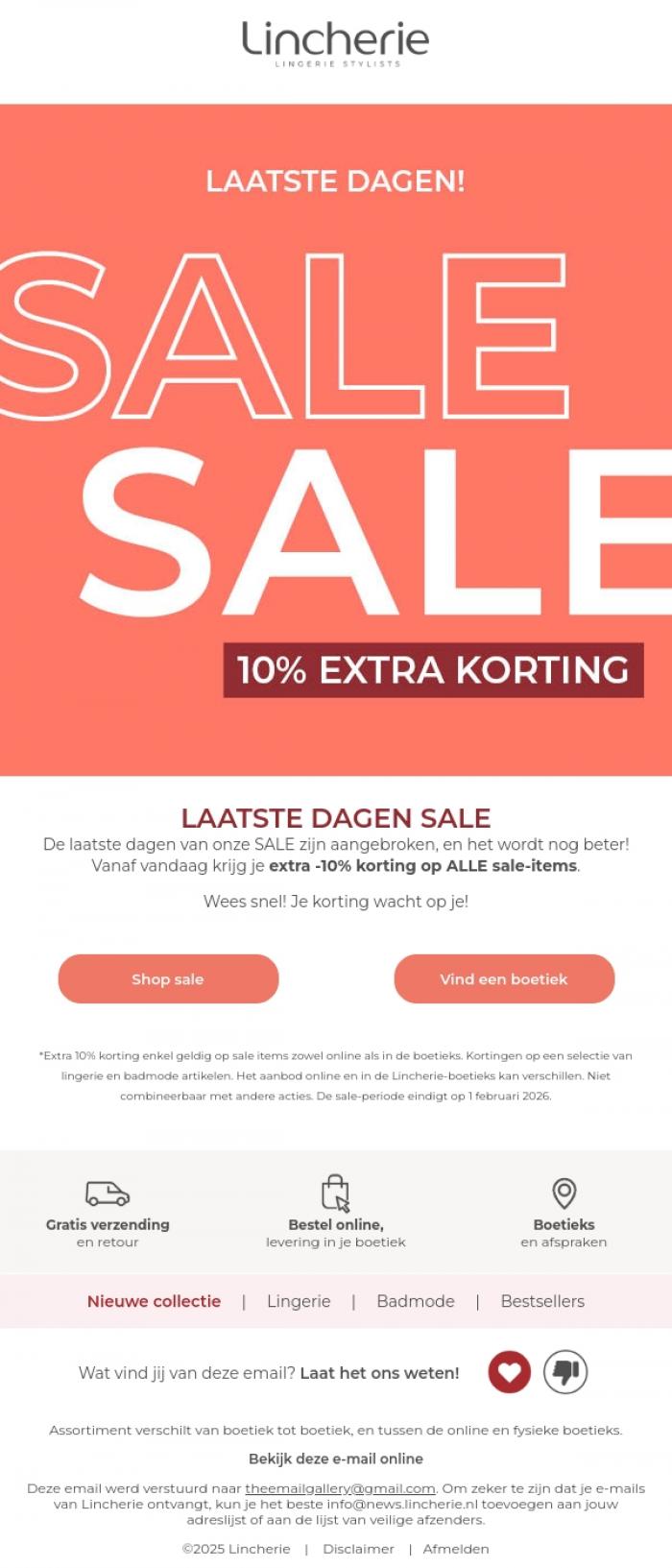 Email Design Inspiration from Lincherie, Laatste dagen van de SALE - extra -10% op alles!