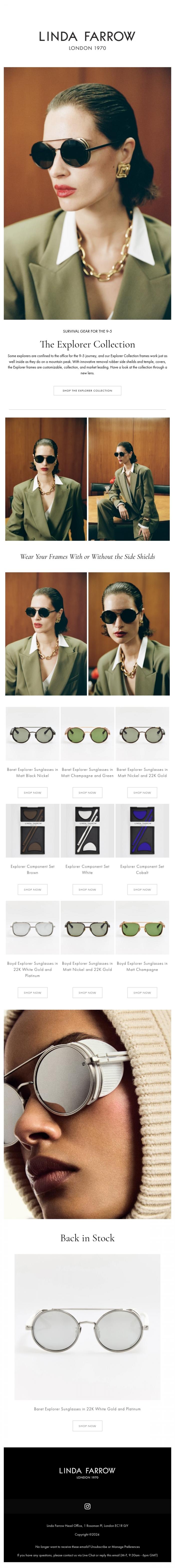 Email Design Inspiration from LINDA FARROW, Back in Stock | The Baret Explorer in White Gold