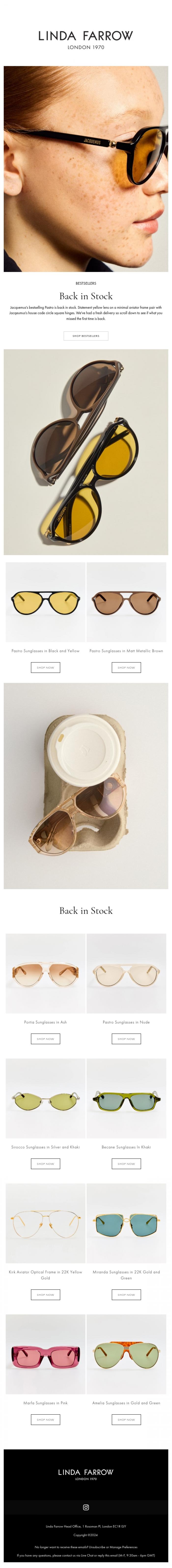 Email Design Inspiration from LINDA FARROW, Back in Stock | Jacquemus's Pastro