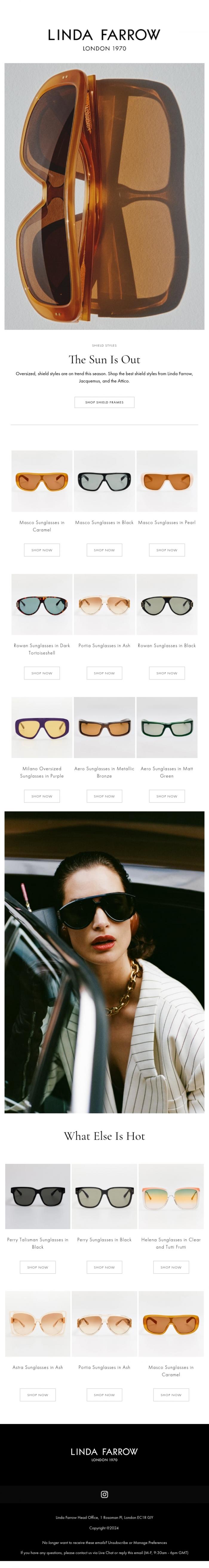 Email Design Inspiration from LINDA FARROW, On Trend | Shield Sunglasses