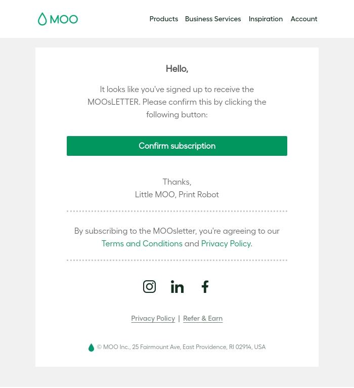 Email Design Inspiration from Little MOO | Print Robot, MOOsLETTER confirmation