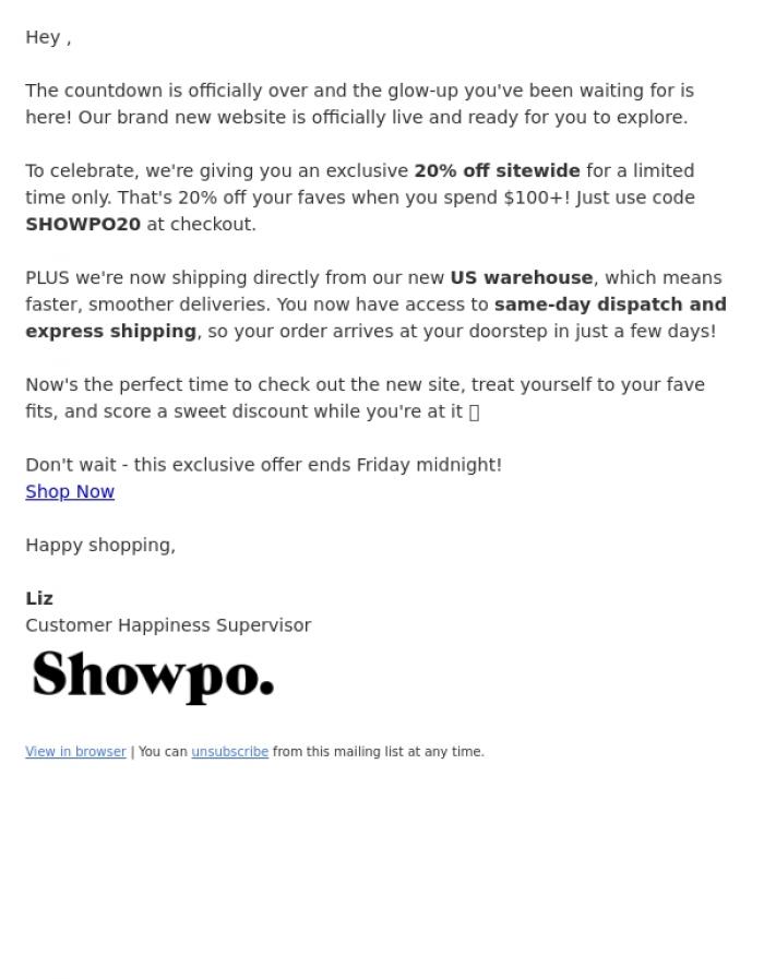 Email Design Inspiration from Liz @ Showpo Customer Service, New Website, Same Showpo 💖 
