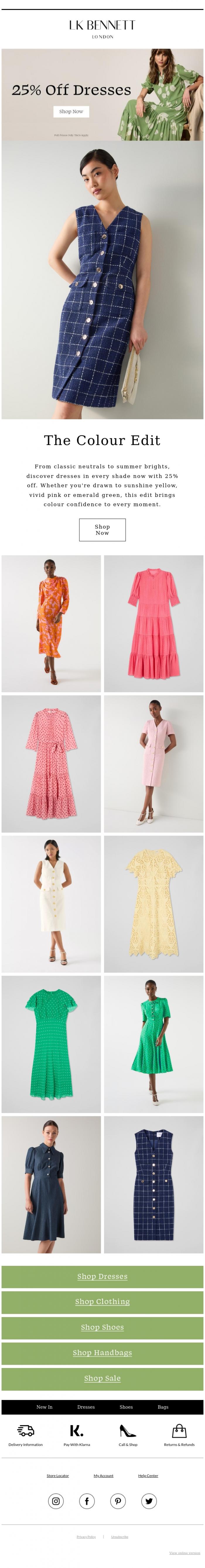 Email Design Inspiration from LK BENNETT, 25% Off Dresses In Every Shade