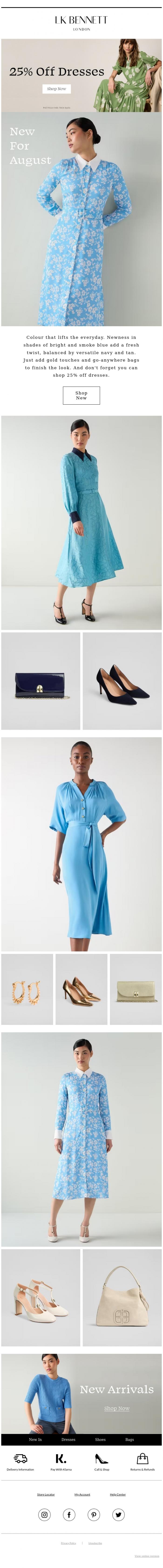 Email Design Inspiration from LK BENNETT, 25% Off Dresses | New For August