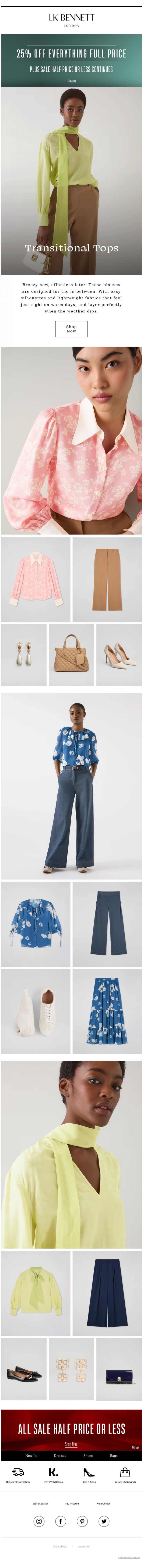 Email Design Inspiration from LK BENNETT, 25% Off Everything | Transitional Tops