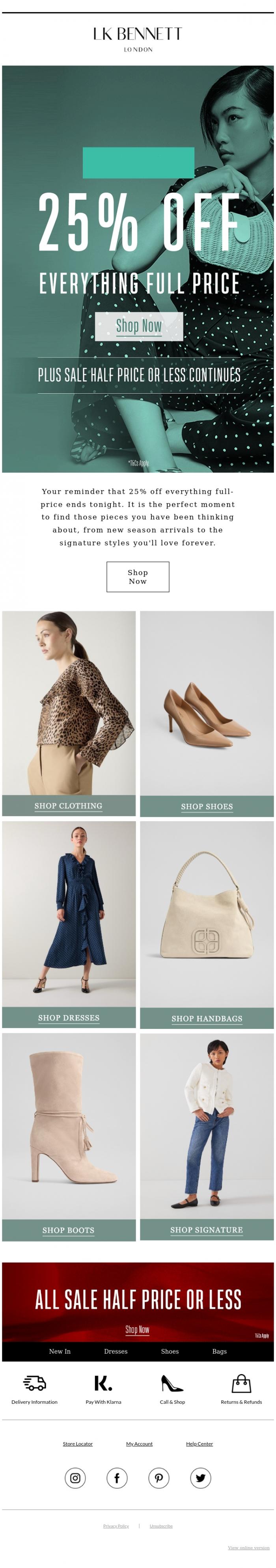 Email Design Inspiration from LK BENNETT, LAST FEW HOURS | 25% Off Everything