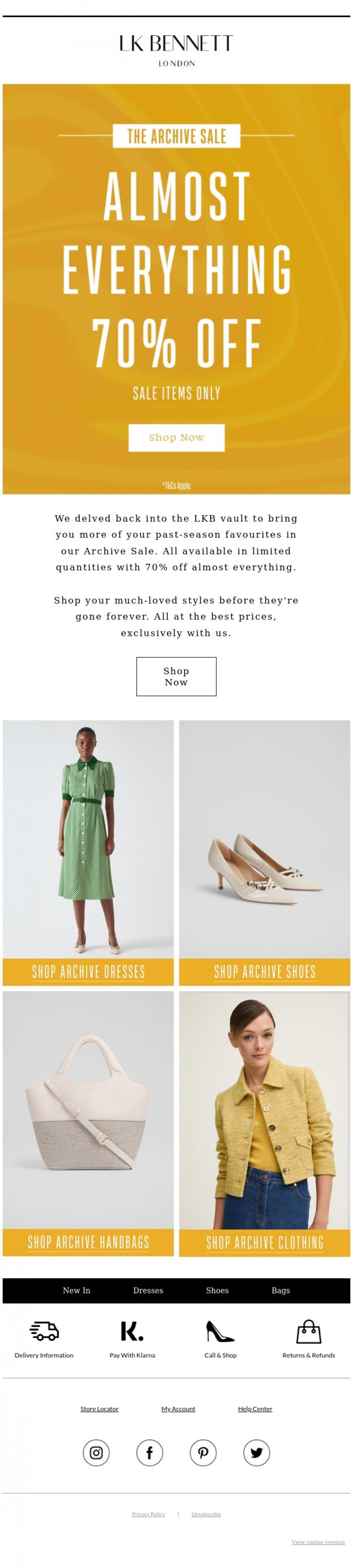 Email Design Inspiration from LK BENNETT, Archive Sale | 70% Off Almost Everything