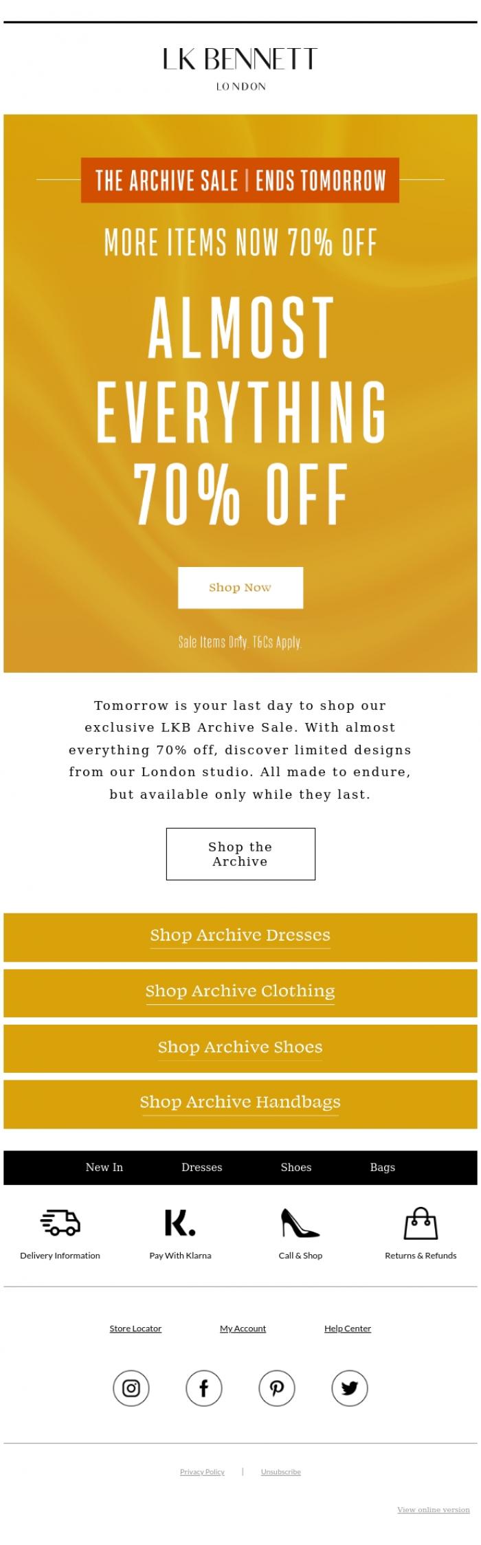Email Design Inspiration from LK BENNETT, Ends Tomorrow | Almost Everything 70% Off