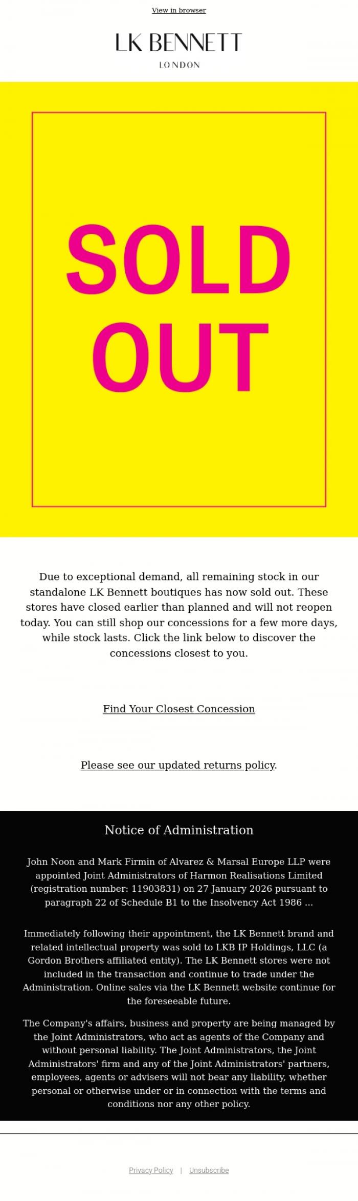 Email Design Inspiration from LK BENNETT, Our Stores Have Now Closed