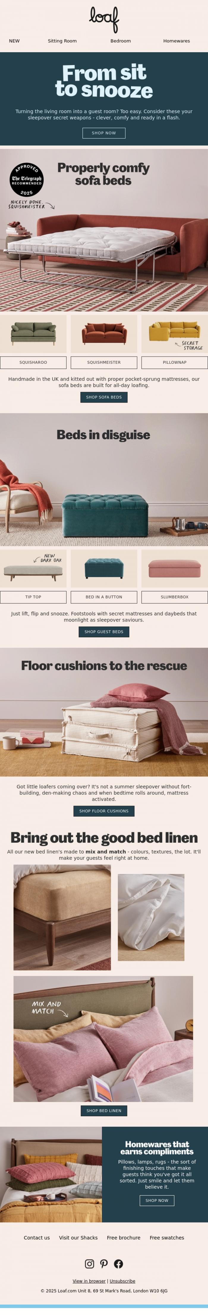 Email Design Inspiration from Loaf, Spare beds in disguise