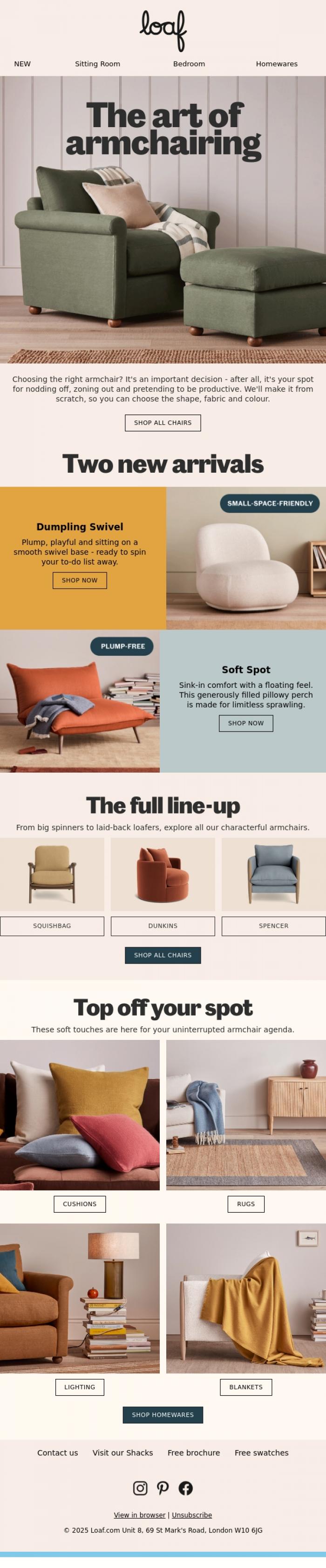 Email Design Inspiration from Loaf, An armchair to call yours