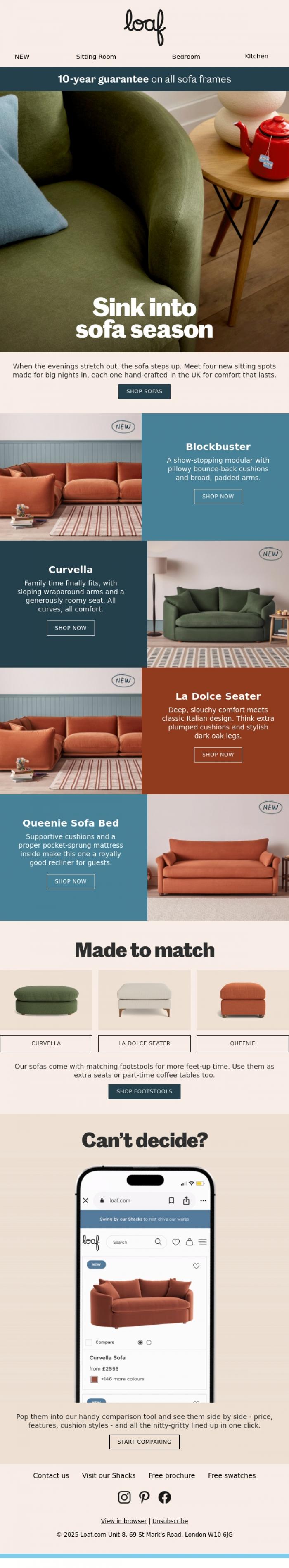 Email Design Inspiration from Loaf, New sofas, just in time