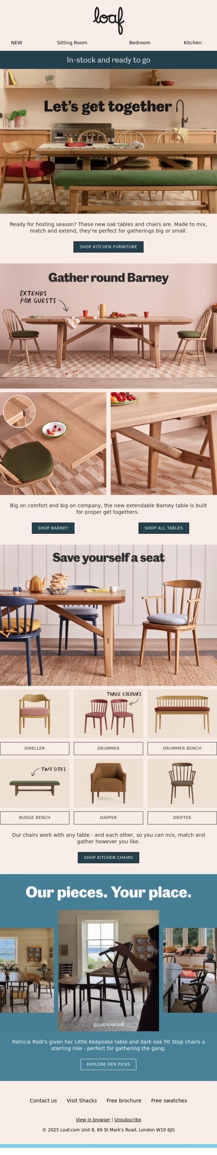 Email Design Inspiration from Loaf, Gather round NEW tables & chairs 🍽️🪑