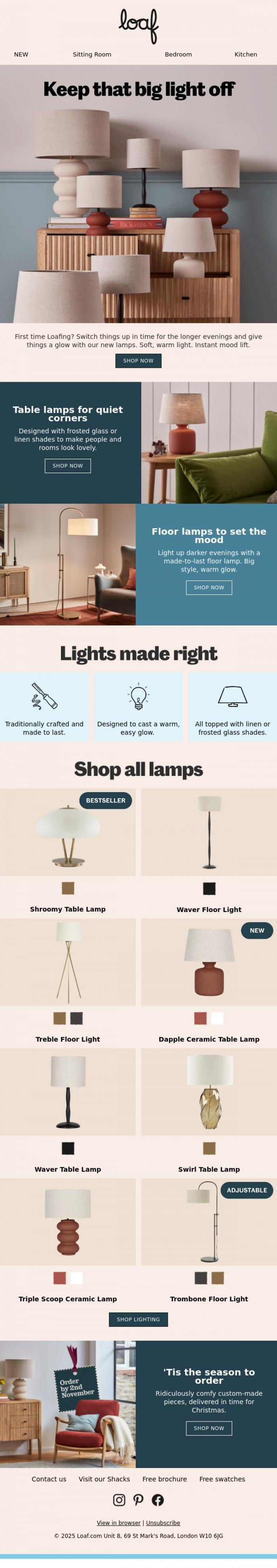 Email Design Inspiration from Loaf, NEW lights for longer nights