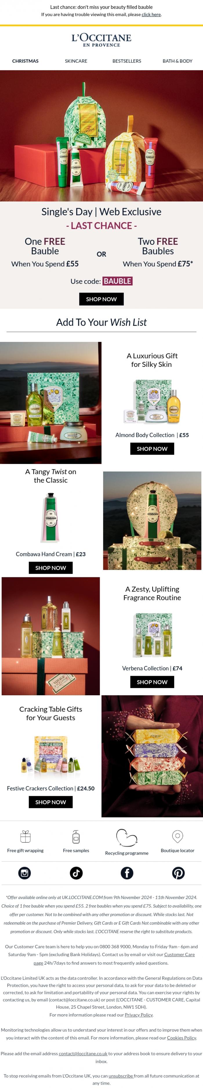 Email Design Inspiration from L'Occitane, Single's Day Complimentary Baubles
