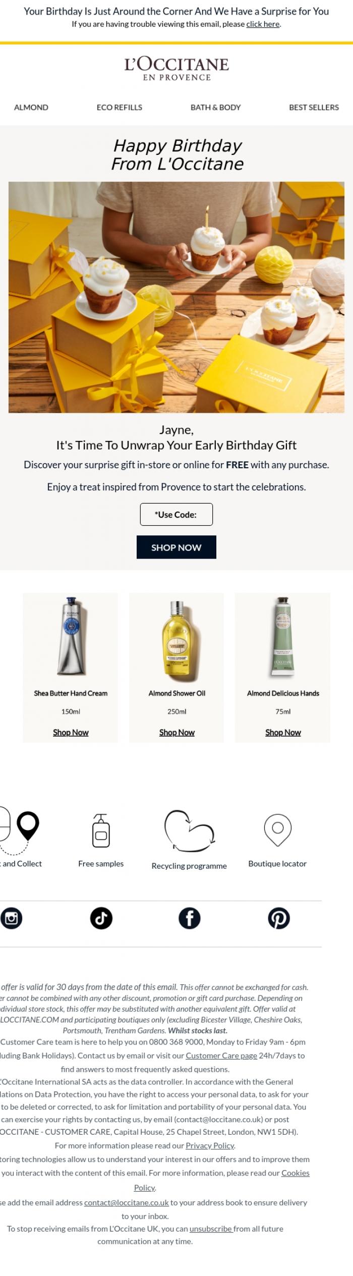 Email Design Inspiration from L'Occitane, Your Early Birthday Surprise Inside