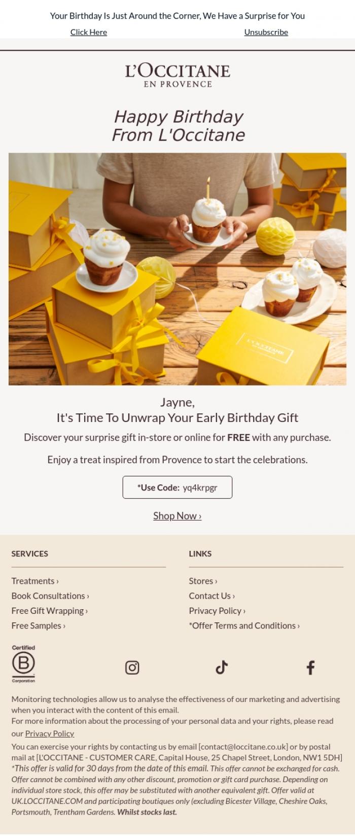 Email Design Inspiration from L'Occitane, Your Early Birthday Surprise Inside