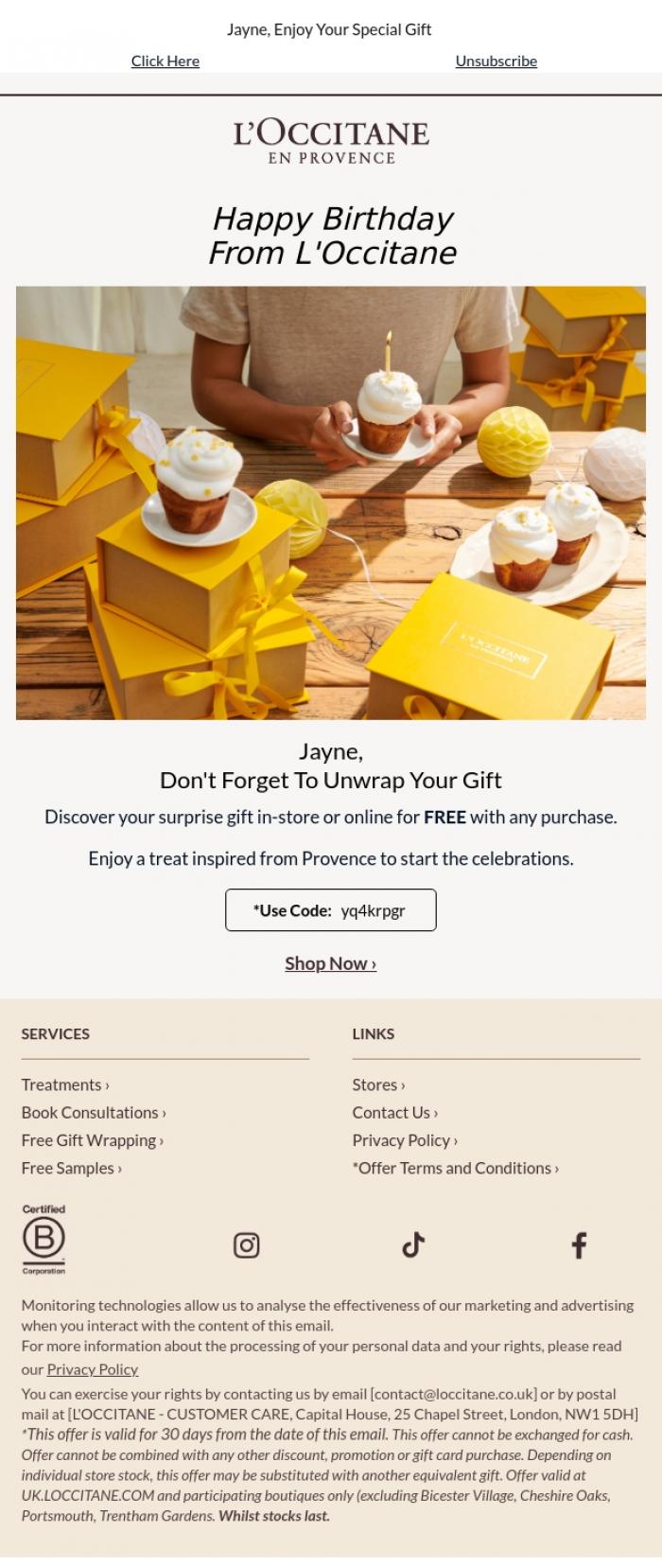 Email Design Inspiration from L'Occitane, Your Exclusive Birthday Gift Is waiting