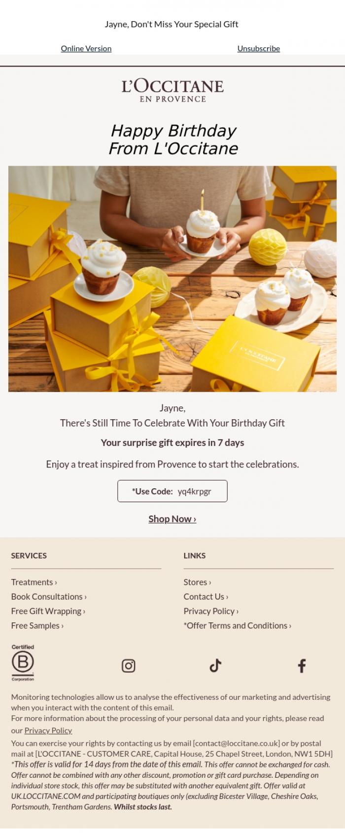 Email Design Inspiration from L'Occitane, Your Birthday Isn't Over Yet