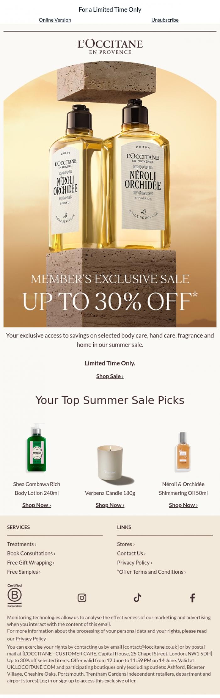 Email Design Inspiration from L'Occitane en Provence, Up to 30% OFF: Members' Exclusive