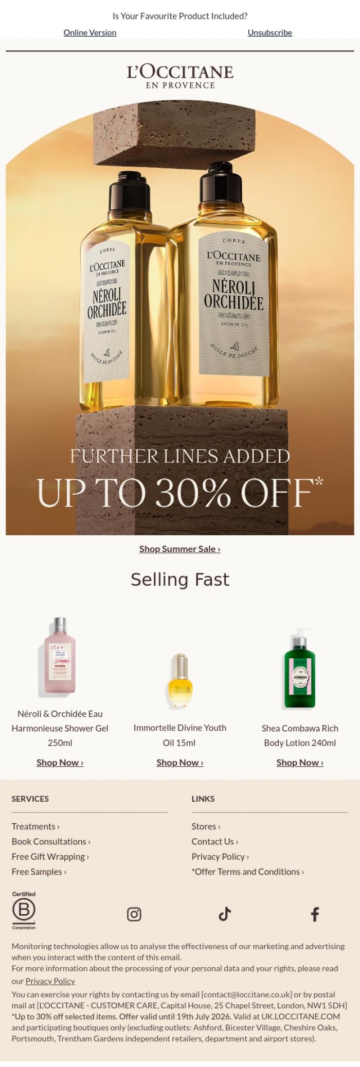 Email Design Inspiration from L'Occitane en Provence, Further Lines Added | Up to 30% OFF