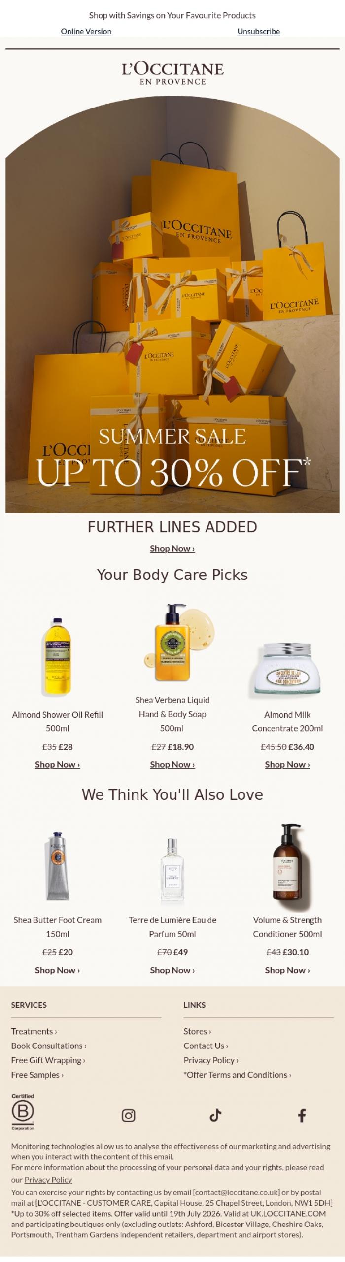 Email Design Inspiration from L'Occitane en Provence, Just Added: Up to 30% OFF More Best Sellers