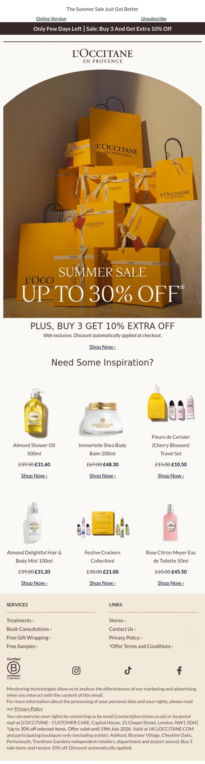 Email Design Inspiration from L'Occitane en Provence, Extra 10% Off Summer Sale