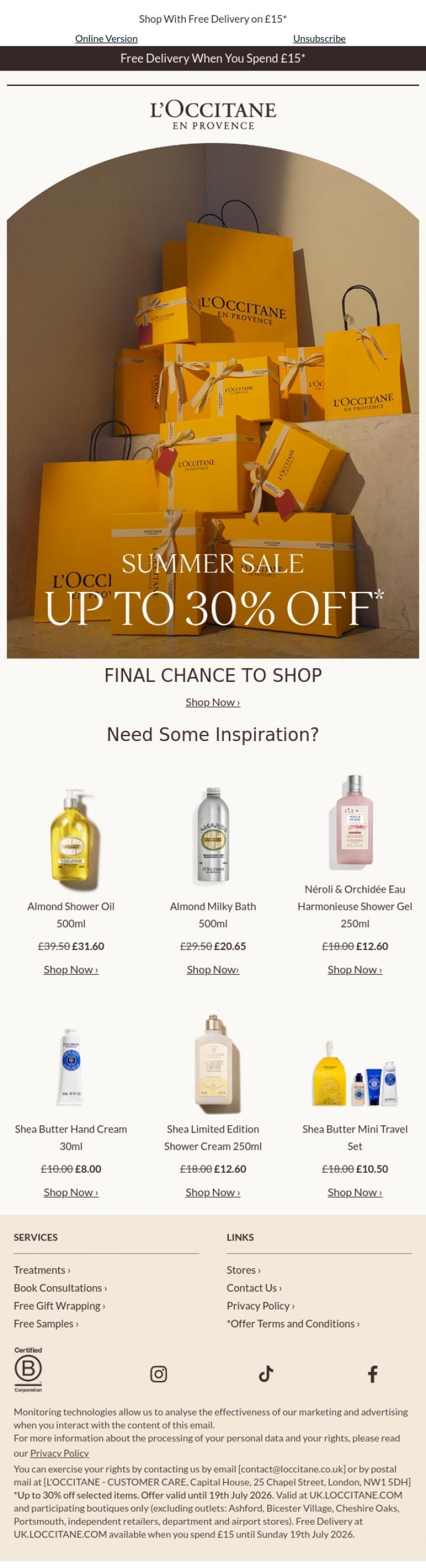 Email Design Inspiration from L'Occitane en Provence, Up to 30% OFF: Ends Sunday