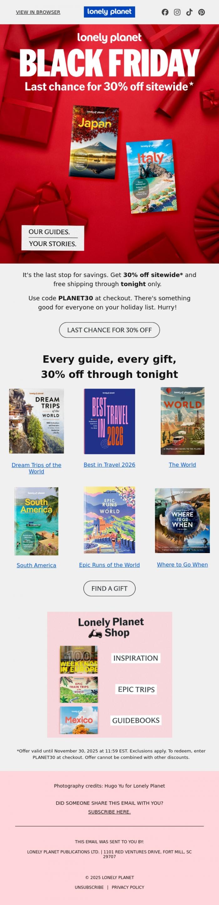 Email Design Inspiration from Lonely Planet, Final boarding call: 30% off ends tonight