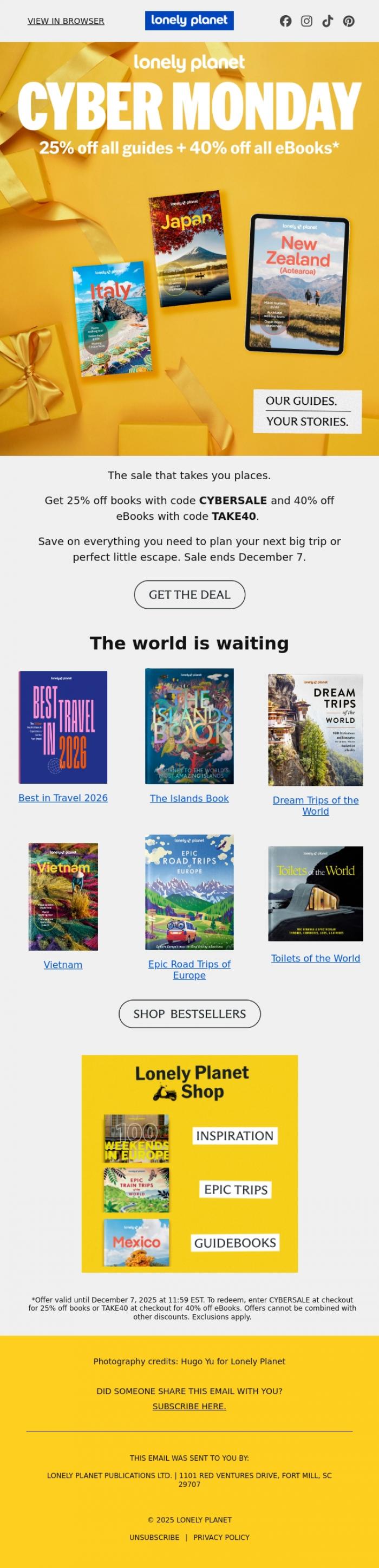 Email Design Inspiration from Lonely Planet, Cyber Monday: Starts now!