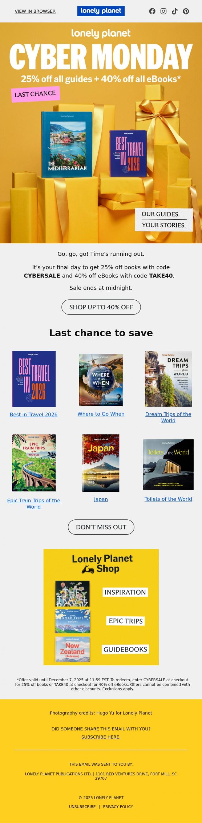 Email Design Inspiration from Lonely Planet, Last call: Cyber Monday ends tonight