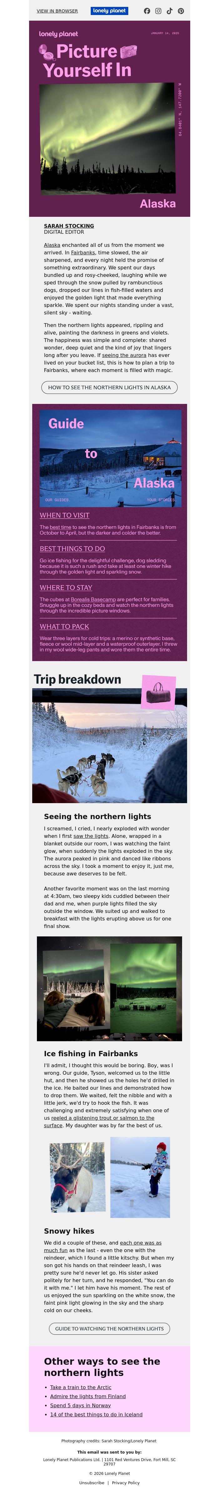 Email Design Inspiration from Lonely Planet, Chasing the northern lights in Alaska