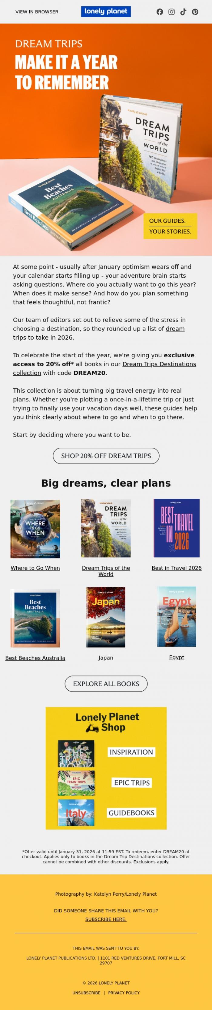 Email Design Inspiration from Lonely Planet, Save 20% on dream trip planning