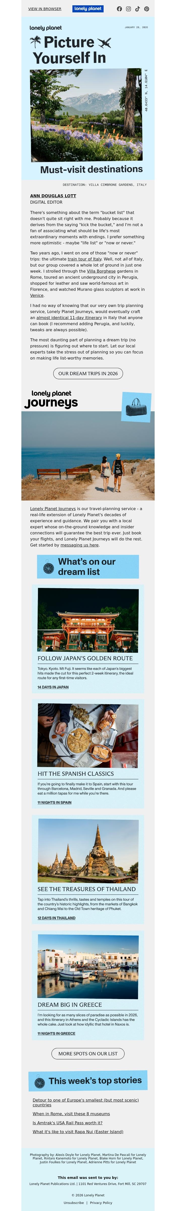 Email Design Inspiration from Lonely Planet, 5 easy-to-book dream trips