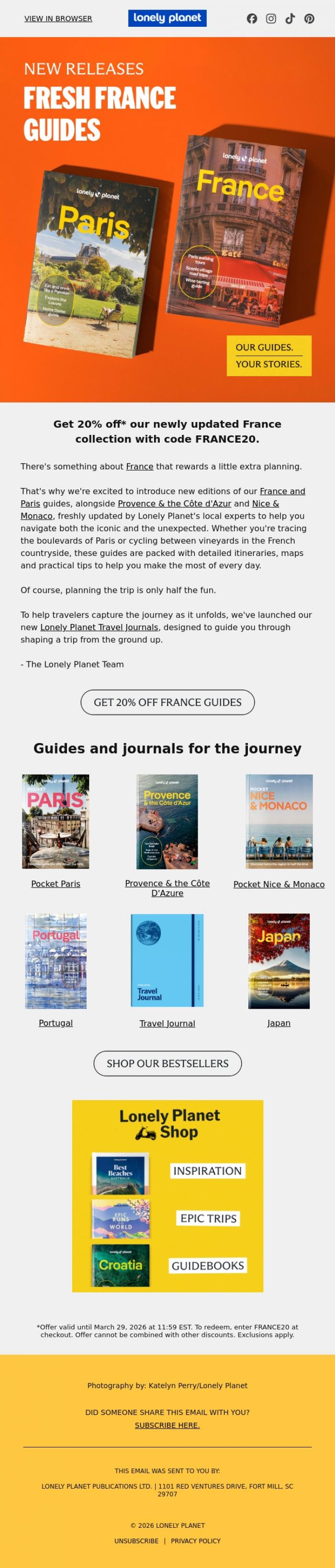 Email Design Inspiration from Lonely Planet, Just dropped: New France guides + travel journals