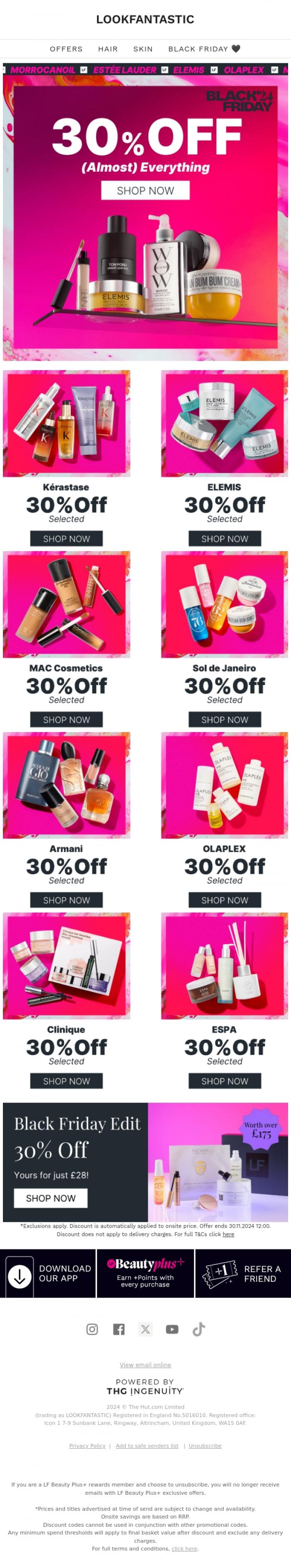 Email Design Inspiration from LOOKFANTASTIC, 30% OFF (almost) everything! Black Friday Now Live