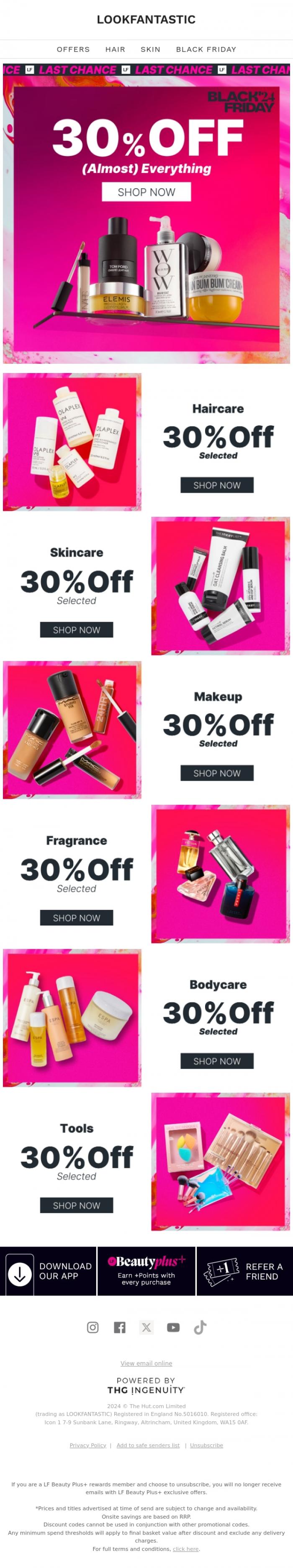 Email Design Inspiration from LOOKFANTASTIC, 30% Off... Ends 12pm TODAY!