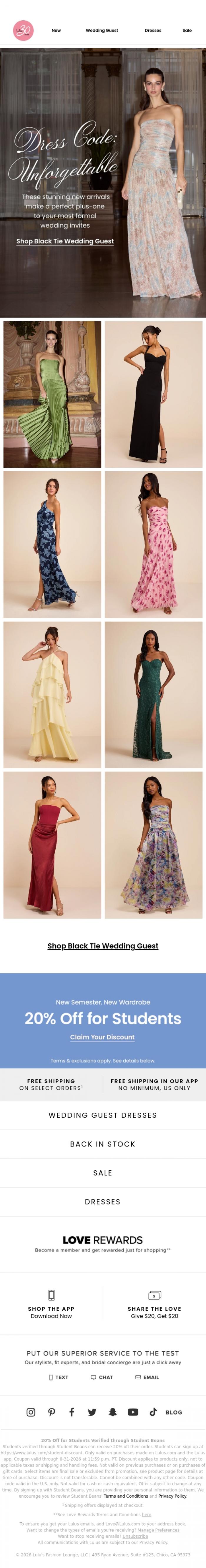Email Design Inspiration from Lulus, New Black-Tie Wedding Guest Dresses