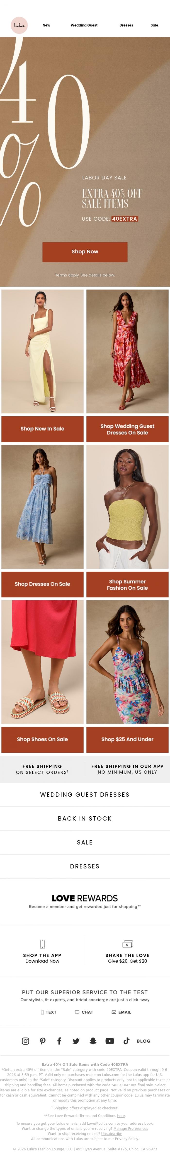 Email Design Inspiration from Lulus, EXTRA 40% OFF DRESSES ON SALE