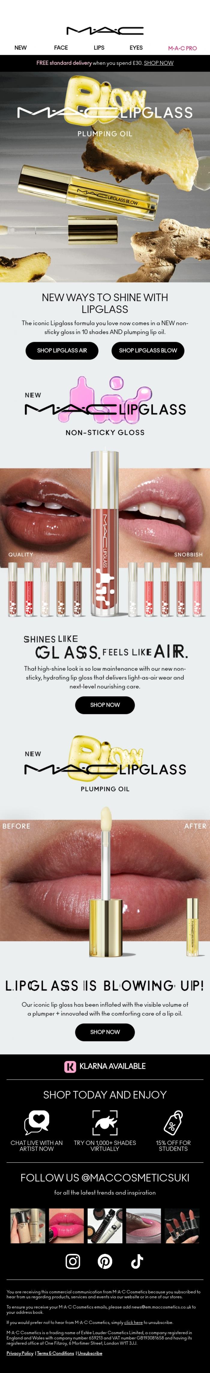 Email Design Inspiration from M.A.C UK, NEW IN: Two ALL-NEW Lipglass formulas.