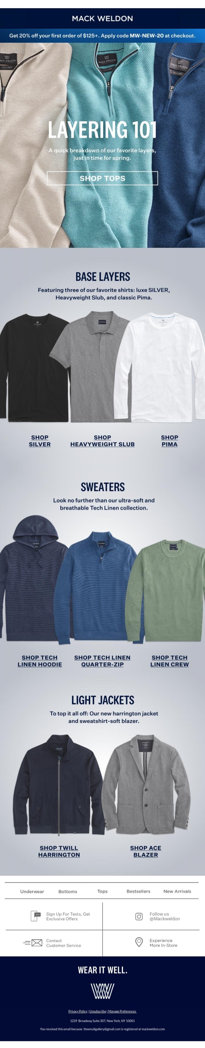 Email Design Inspiration from Mack Weldon, Spring layering, in three steps.