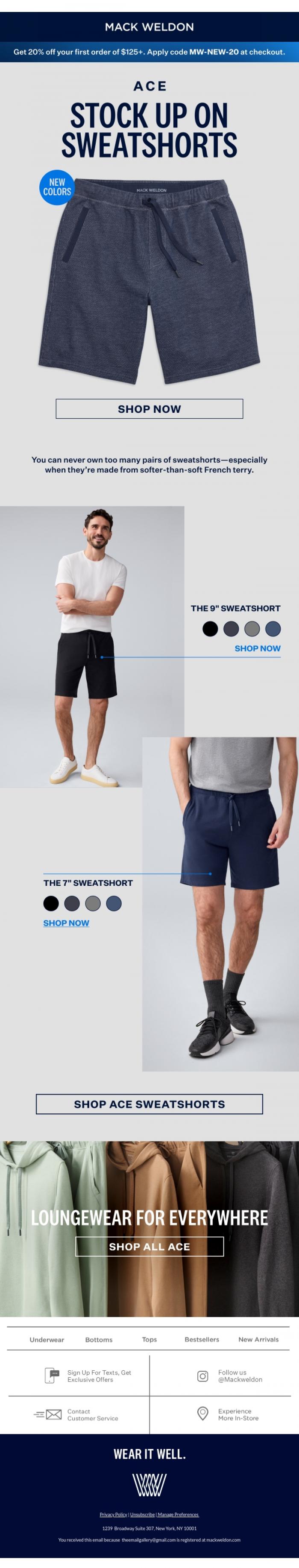 Email Design Inspiration from Mack Weldon, Just dropped: new sweatshorts.
