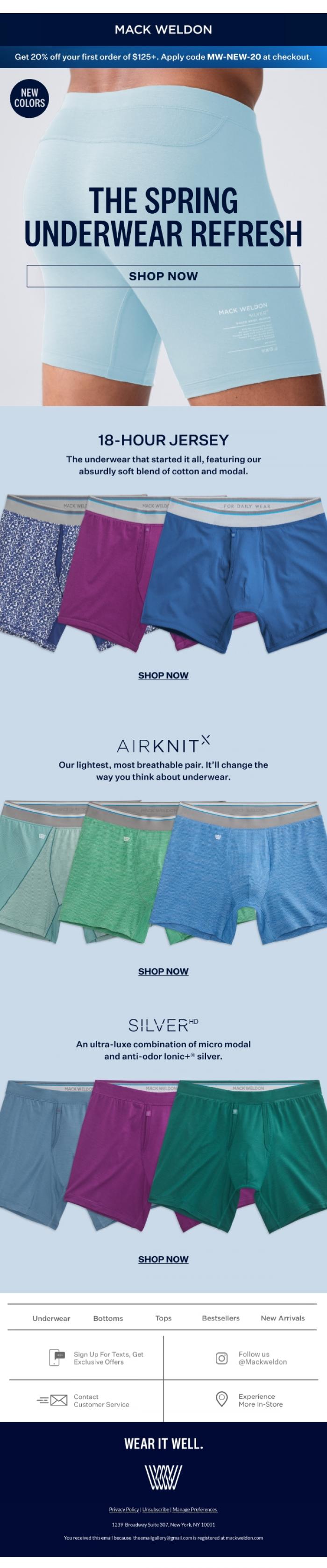 Email Design Inspiration from Mack Weldon, Too much new underwear for one email.