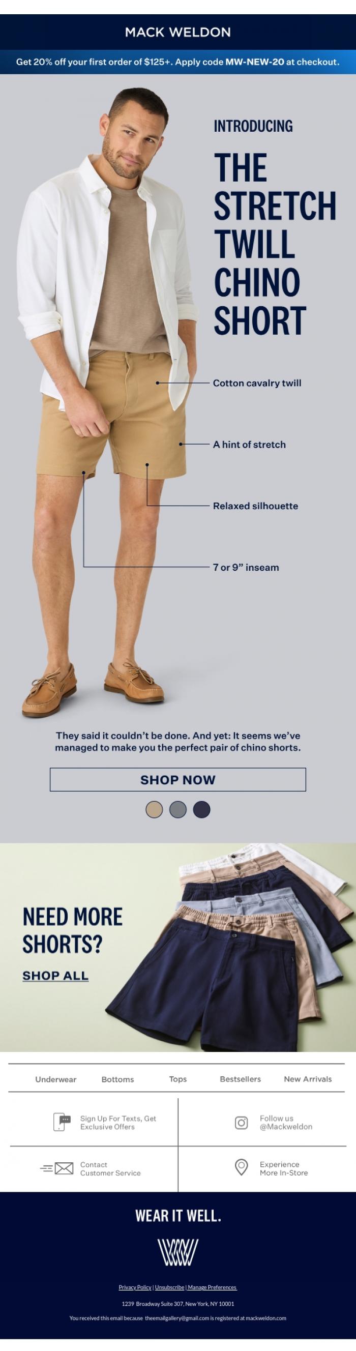 Email Design Inspiration from Mack Weldon, NEW: We perfected the chino short.