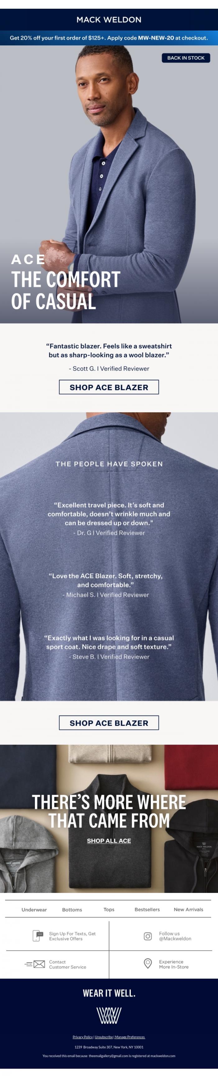 Email Design Inspiration from Mack Weldon, RESTOCKED: The ACE Blazer.