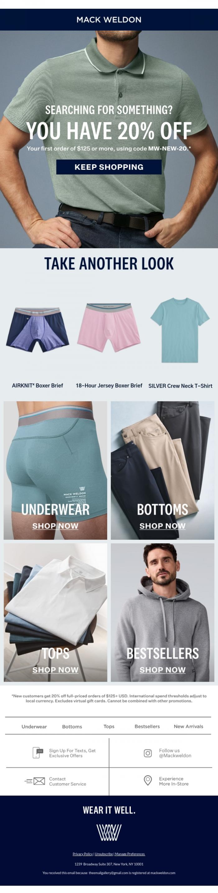 Email Design Inspiration from Mack Weldon, Hey: There's 20% off in here.