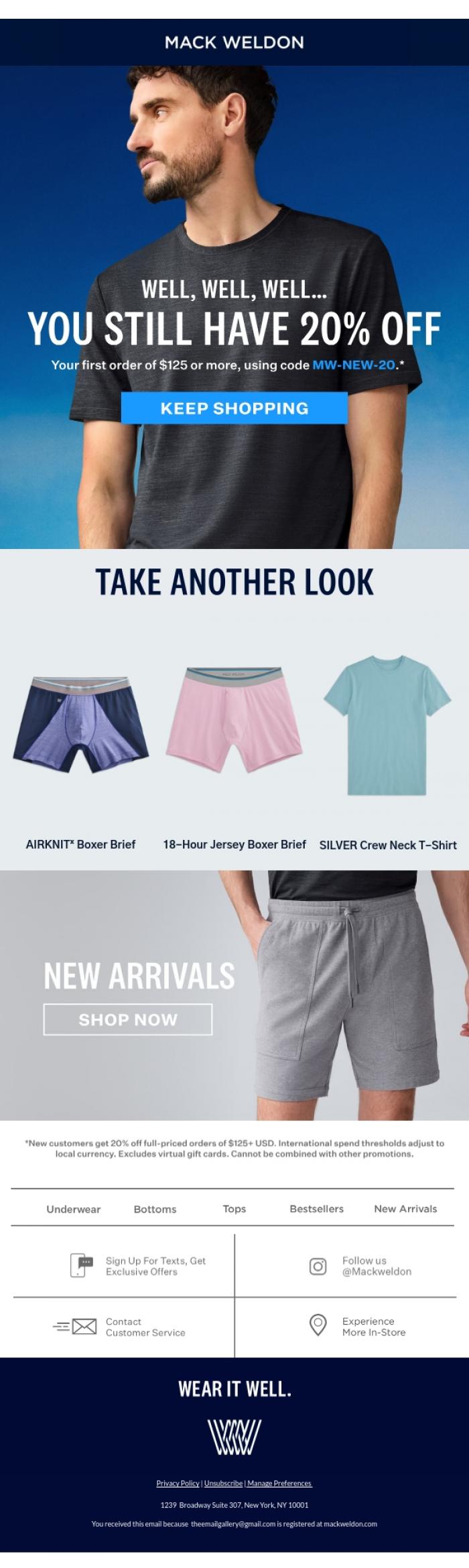 Email Design Inspiration from Mack Weldon, Your 20% is waiting patiently.