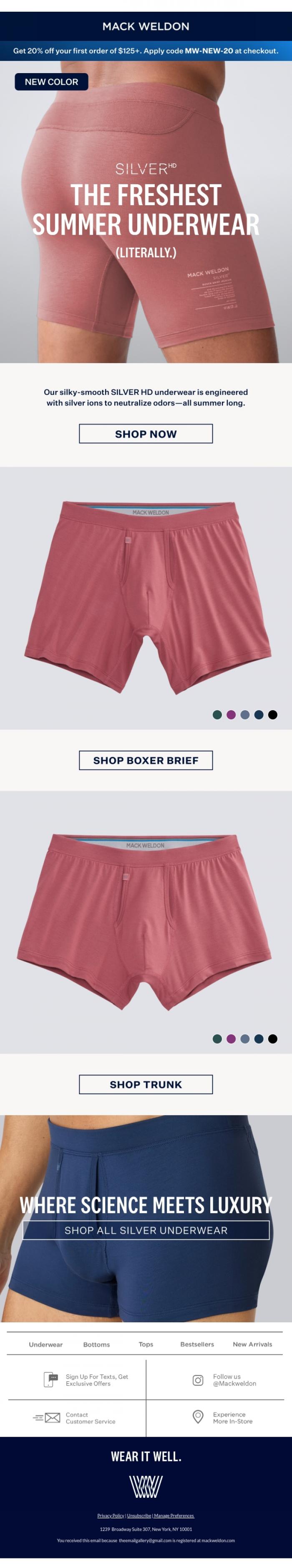 Email Design Inspiration from Mack Weldon, NEW COLOR: Anti-odor underwear.